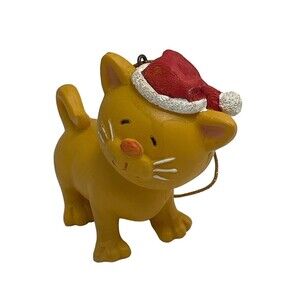 Vintage Ceramic Yellow Cat Kitten in Christmas Ornament 3”